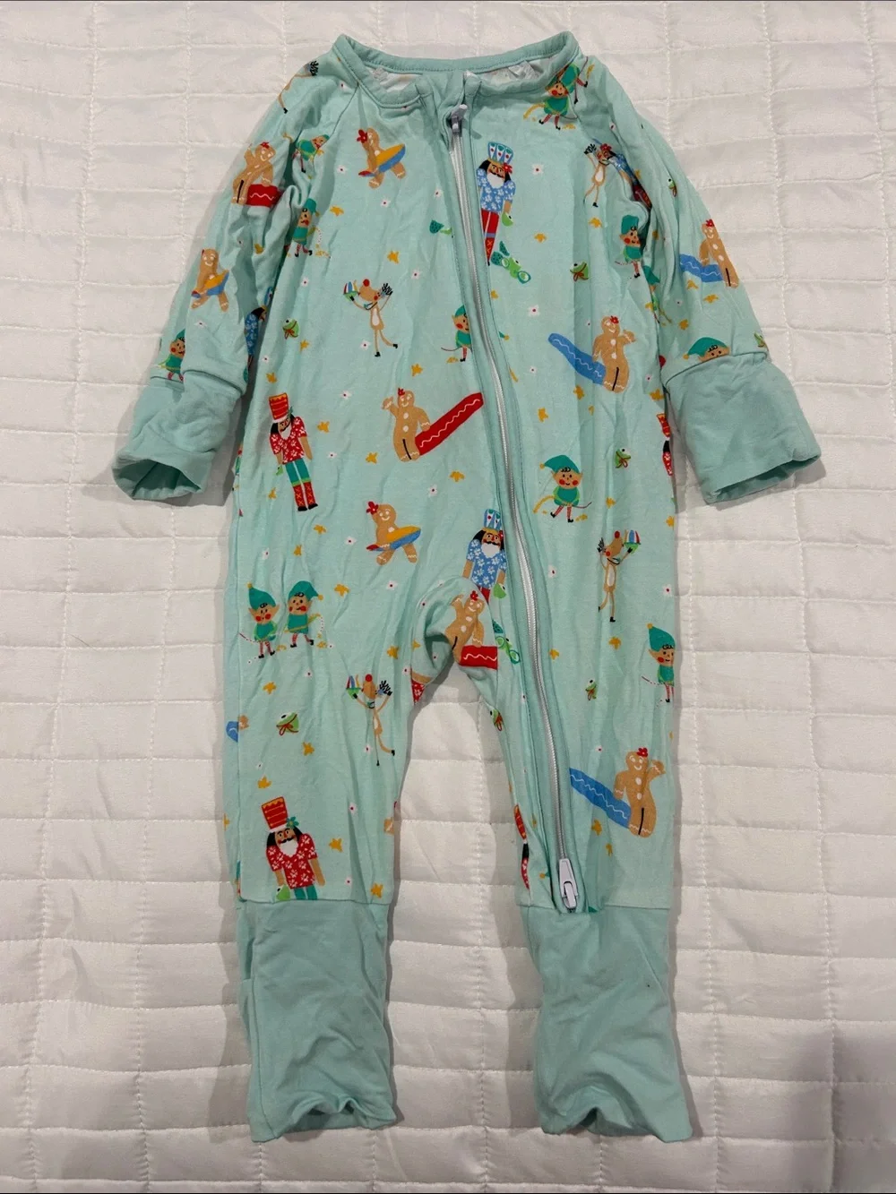 Mint Green Holiday Print Footed One-Piece for Kids